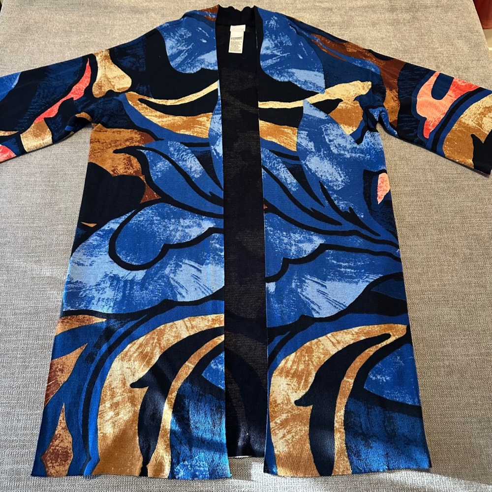 Chico's Travelers Cardigan Womens 2 L Blue Gold Floral Duster Slits
